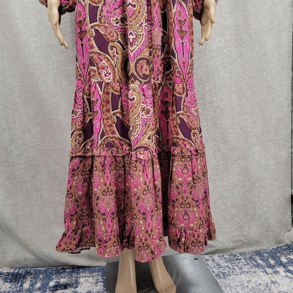 A Loves A Linen Blend Pink Tan Burgundy Paisley Printed Long Sleeve Maxi Dress - Picture 6 of 16